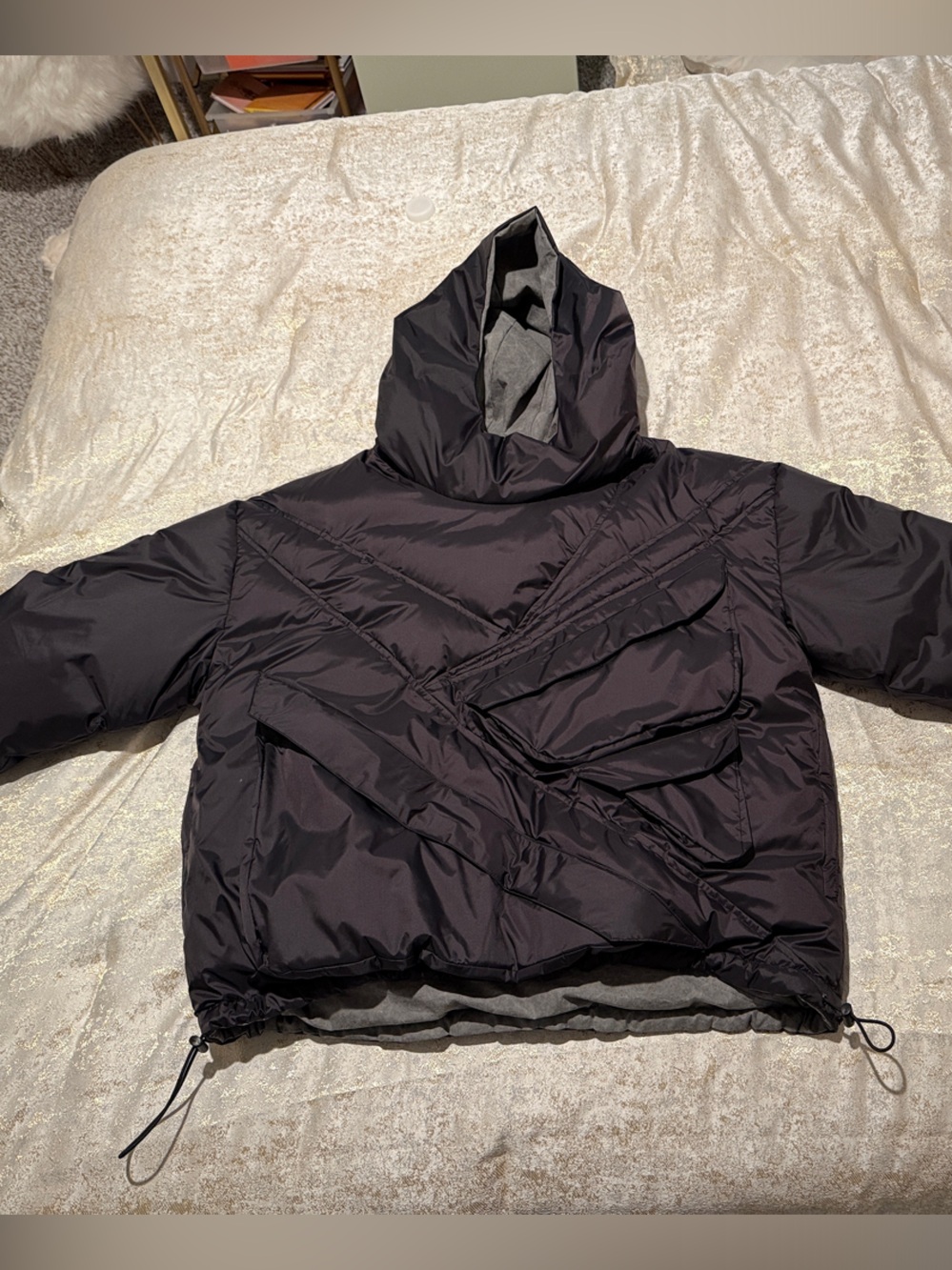 Men's Reversible Black/Grey Hooded Puffer Pullover - Insulated Winter Jacket